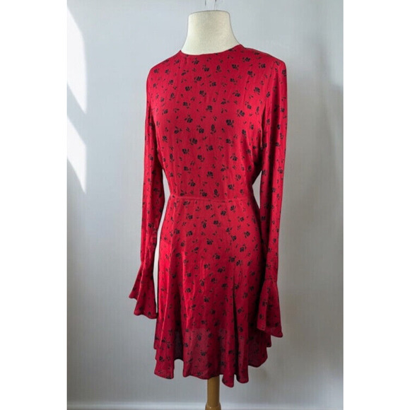 Reformation Red & Black Floral Print Mini Dress Bell Sleeve Ruffle Women's Large - Picture 2 of 16